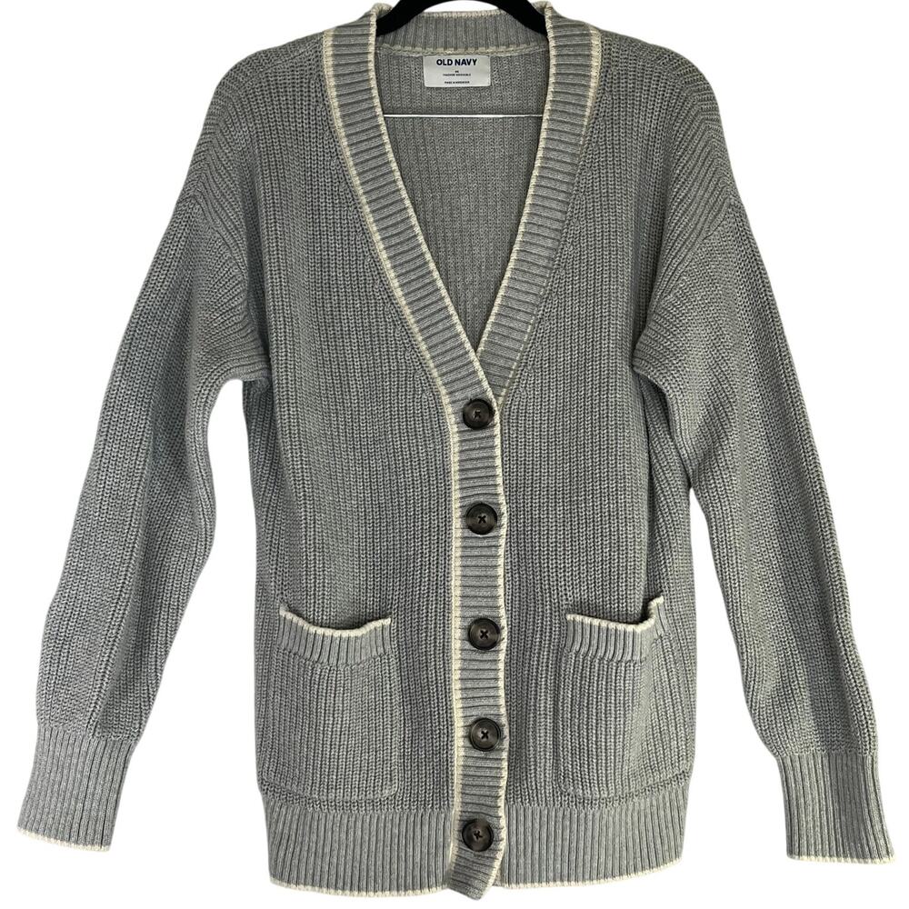 Old Navy Gray Blue Button Front Relaxed Varsity Cardi Sweater Size M